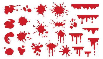 Blood splash set. Drop and blob of blood. Bloodstains. Isolated. Vector illustration of bloody ink drips on white background.