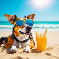Dog drinking beer with sunglasses  relaxing on the beach background generative ai photo