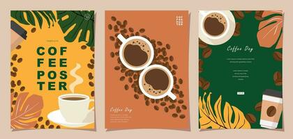 conjunto de bosquejo pancartas con café frijoles y hojas en vistoso antecedentes para póster o otro modelo diseño. vector ilustración.