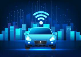 Car technology connected to the internet network that can be used to tell you the location of your destination, car location, and entertainment. The car in the back is a smart city. vector