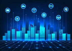 Smart city technology On top of the city there are interconnected icons. It represents a smart city that provides convenience to people. Both communication and medical systems vector