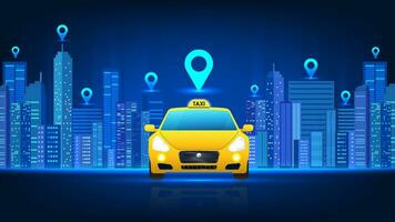 Location identification technology The taxi is in front of the smart city. There is a pin on the top of the building. Technology that uses positioning to navigate to a predetermined point. vector