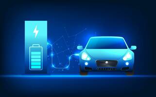 Electric Car technology that charges the vehicle's battery from an electric vehicle charging station. This refers to electric vehicle technology that is powered by clean energy. Reduce global warming vector