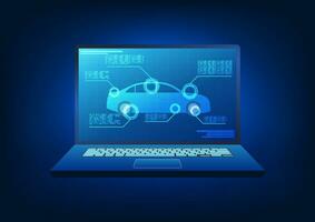 Technology that integrates with the car In order to access the performance of the car's systems, it helps to quickly analyze the details of the problem. The laptop screen has a car being scanned. vector