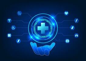 Medical technology Hand holding technology circle connected to medical icons It represents the hands of doctors using technology to help treat patients faster. vector