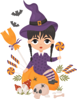 Halloween. strega ragazza nel cappello con zucca, dolce caramella png