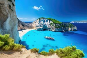 famoso navagio playa en zakynthos isla, Grecia, increíble navagio playa en zakynthos isla, Grecia, ai generado foto