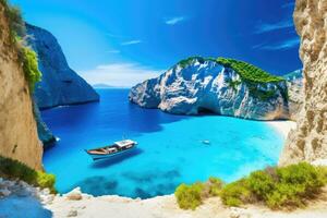 famoso navagio playa en zakynthos isla, Grecia, increíble navagio playa en zakynthos isla, Grecia, ai generado foto