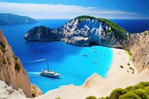 Navagio beach on Zakynthos island, Greece. Amazing Navagio Beach in Zakynthos Island, Greece, AI Generated photo