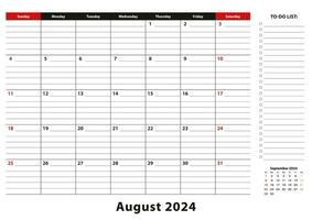 agosto 2024 mensual escritorio almohadilla calendario semana empieza desde domingo, Talla a3. vector