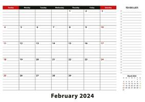 February 2024 Monthly Desk Pad Calendar week starts from sunday, size A3. vector