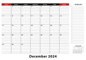 December 2024 Monthly Desk Pad Calendar week starts from sunday, size A3. vector