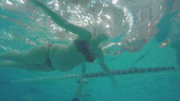 Pregnant woman swimming in the pool, underwater shot video