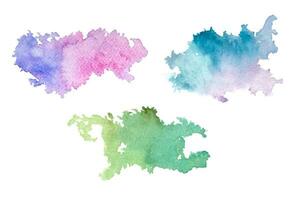 Hand drawn set of watercolor stains. Purple, orange and green watercolor splashes. vector