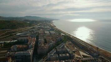 Aerial view of landmarks with beach, sea, buildings, Barcelona, Spain video