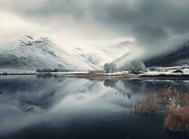 A beautiful landscape in winter with mountains reflected on the lake photo