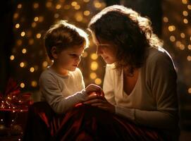 A mother and child sitting by the christmas tree enjoying the christmas holiday photo
