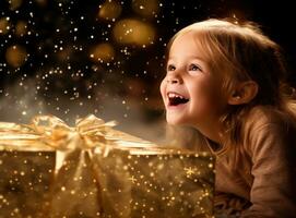 Christmas background. Girl with gift box photo