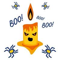 Terrible candle with spiders and screams boo. Vector emotional illustration for Halloween day.