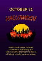 Vector Halloween background vertical banner with pumpkins, moon, bushes. Advertising copy space