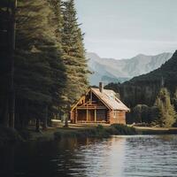 Wood cabin on the lake - log cabin surrounded by trees, mountains, and water in natural landscapes. AI Generative photo