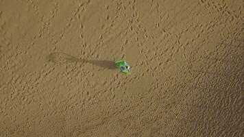 mujer en el arena con brasileño bandera, aéreo Disparo video