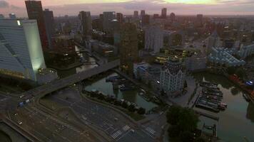 Aerial evening shot of Rotterdam cityscape and traffic video