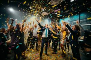 Business people with confetti in the air celebrating success at work photo