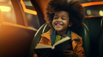 Little boy reading a magazine in a car photo