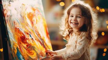 A little girl painting an abstract painting on an easel photo