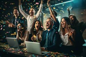 Business people with confetti in the air celebrating success at work photo