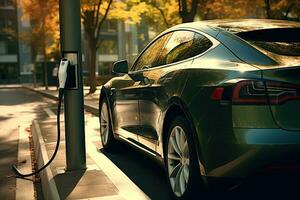 An electric car charged at a station photo