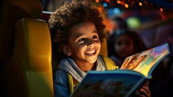 Little boy reading a magazine in a car photo