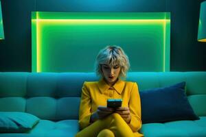 Woman looking at a mobile phone on sofa in living room, in the style of yellow and aquamarine photo