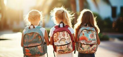 niños participación mochilas en pie en frente de un calle foto