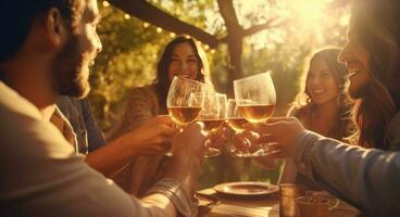 varios amigos tostado a un mesa al aire libre con vino foto