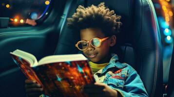 joven chico en un coche lee un libro foto