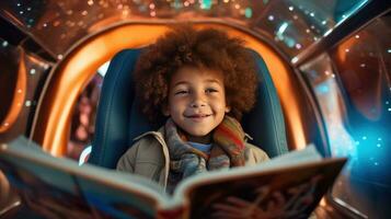 Little boy reading a magazine in a car photo