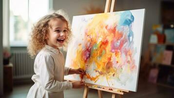 A little girl painting an abstract painting on an easel photo