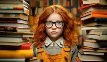 joven niña con apilar de libros foto