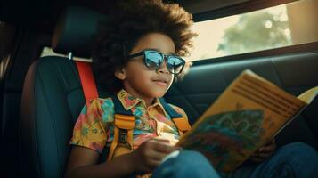 Little boy reading a magazine in a car photo