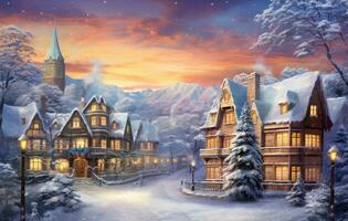 Christmas wallpaper with winter village photo