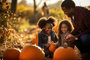 Families get fun by picking pumpkins at the pumpkin patch photo