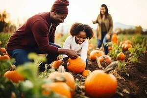 Families get fun by picking pumpkins at the pumpkin patch photo