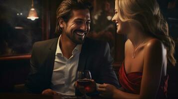 Couple sitting at the bar sharing wine glasses photo