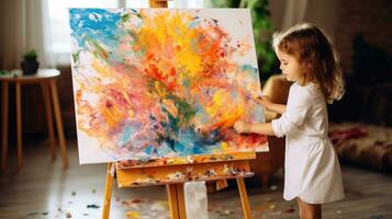 A little girl painting an abstract painting on an easel photo