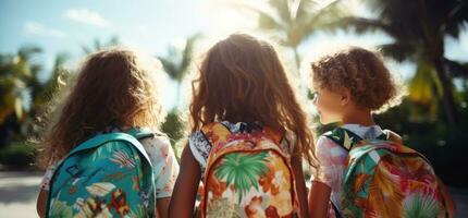 Kids holding backpacks standing in front of a street photo