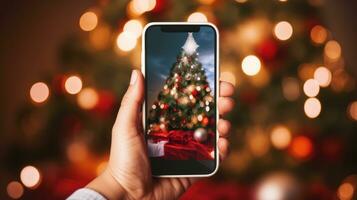 A hand holding a phone with a christmas tree background photo