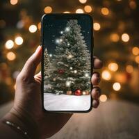 A hand holding a phone with a christmas tree background photo