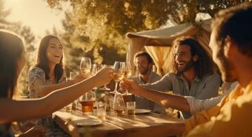 varios amigos tostado a un mesa al aire libre con vino foto